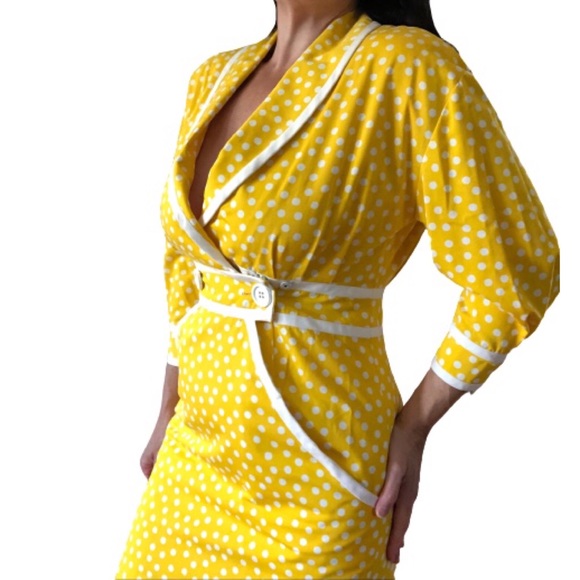 Vtg ADELE SIMPSON 80s Does 50s/60s Polka Dot Yellow White Wiggle Pencil Dress - Picture 2 of 16
